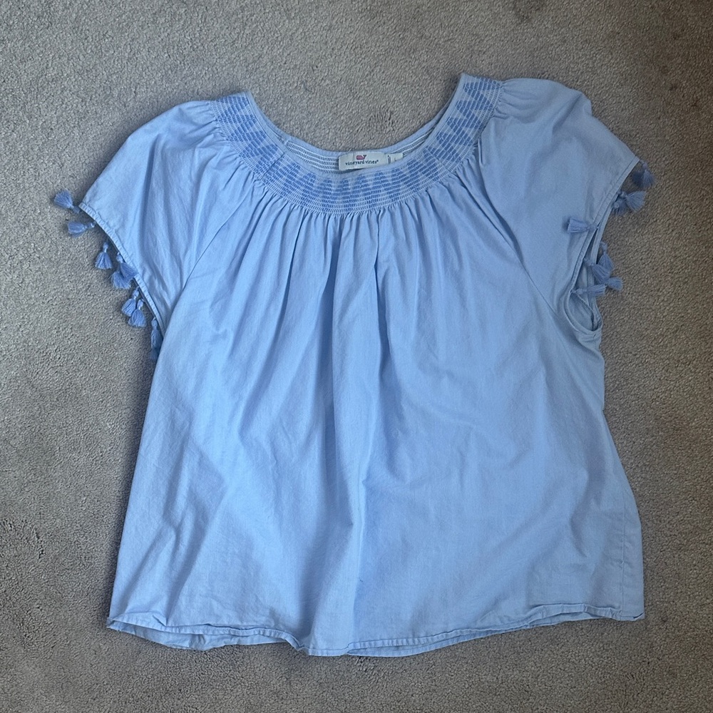 Vineyard Vines Light Blue Tassel Sleeve Cotton Blouse